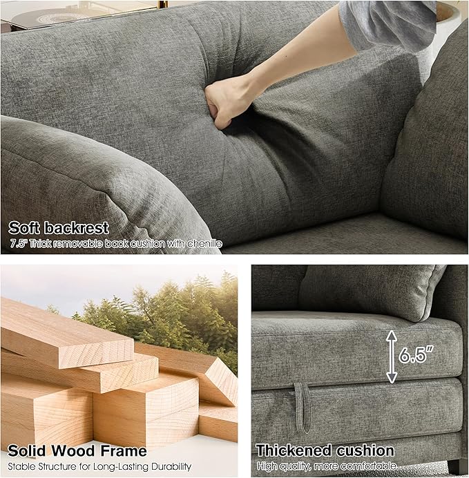 kakuboohi 51" Loveseat Sleeper Sofa Bed, Chenille Convertible Floor Sofa Bed for Small Spaces, Folding Couch Bed with Deep Seat, 2 Pillows & Solid Frame, Pull Out Floor Couch for Living Room, Grey