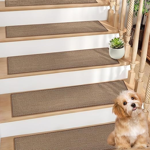 Natural Linen Stair Treads for Wooden Steps, 7 Pcs 8" x 30",Non Slip Stair Runner, Peel and Stick Carpet Indoor for Kids Elders and Pets (7, Brown, 8" x 30")