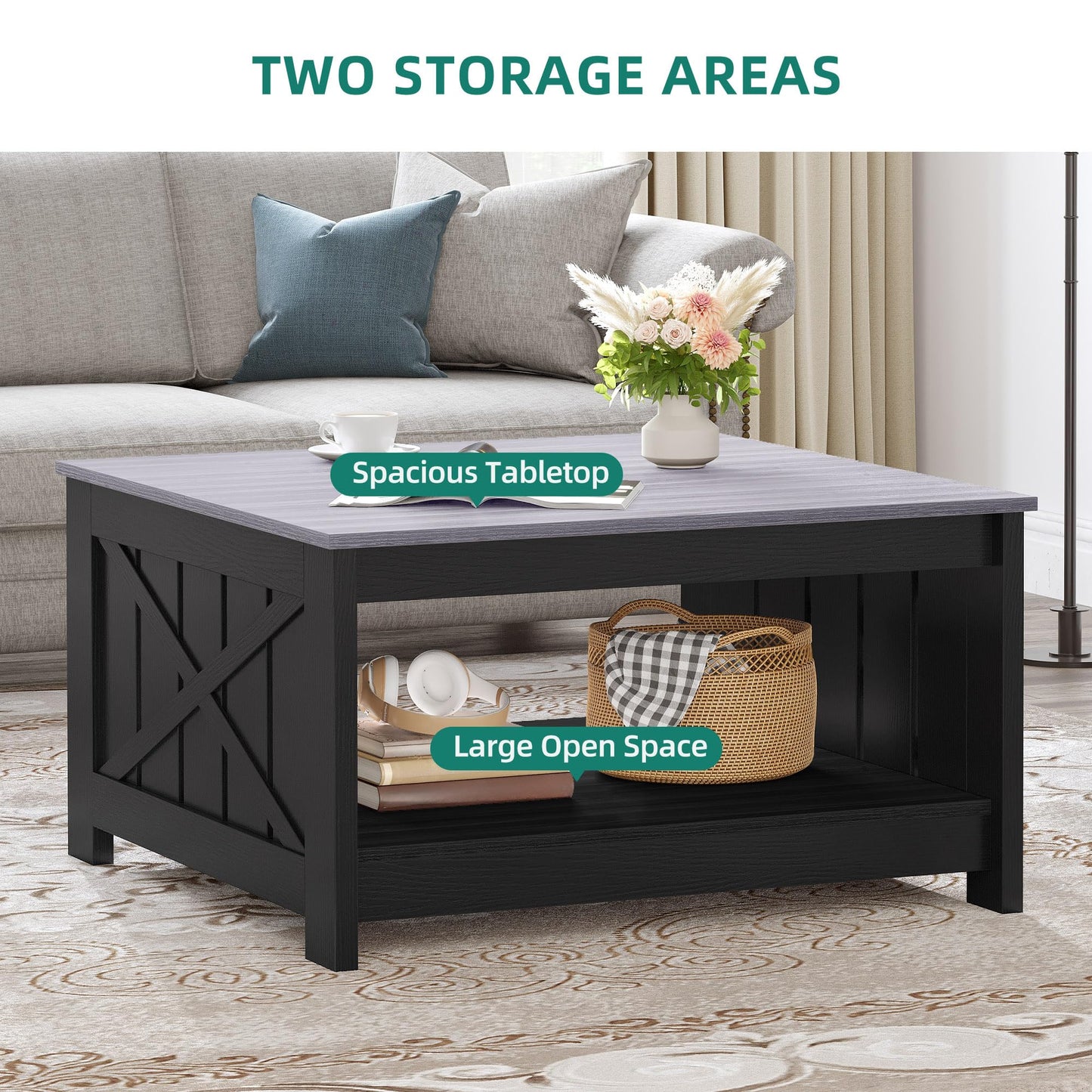 YITAHOME Farmhouse Coffee Table with Storage Rustic Wood Cocktail Table, Square Coffee Tables for Living Meeting Room with Half Open Storage Compartment, Grey and Black