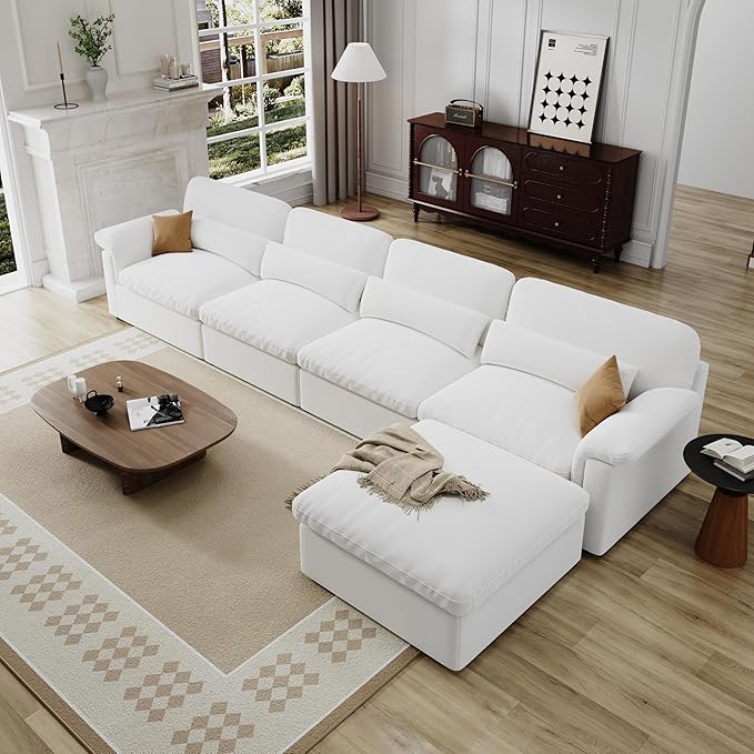 Cloud Sectional Couch, Down Filled Couch, Modular Couches Sofa for Living Room, Minimalist Deep Seat Modern Couches,Sofa Cover Removable,Chenille Fabric (146" 4 Seat+1 Ottoman)