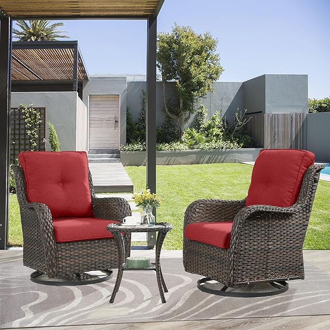 Belord Outdoor Swivel Rocker Patio Chairs - 3 Piece Outdoor Bistro Set Wicker Patio Rocking Chairs Set of 2 with Side Table, 360 Degree Swivel Glider Seating for Porch Balcony Deck Brown/Red