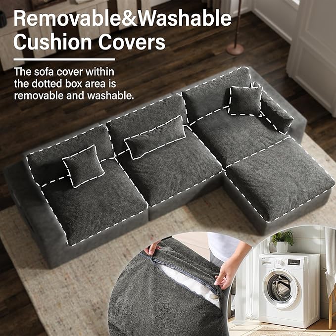 125'' Oversized Boneless Sectional Couches for Living Room, Deepseat Boneless Cloud Modular Sectional Sofa with Ottoman, No Assembly Required L-Shape Cloud Sofa, Plush Fabric, Dark Gray