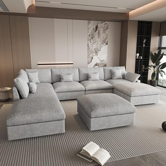 WJShome Cloud Couch for LivingRoom,190" U Shaped Modular Sectional Sofa with Ottoman,Down Filled 9 Seater Convertible Sleeper Sofa Bed Oversized Furniture Sets,Gray