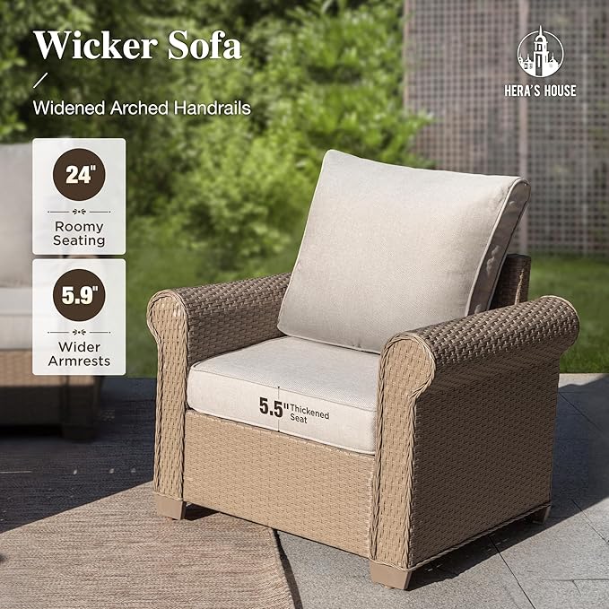 HERA'S HOUSE 6 Pieces Patio Furniture Sets, Outdoor Rattan Furniture with 5.5" Cushions, Oversized Outdoor Wicker Sectional Conversation Set for Lawn Garden Backyard, Beige