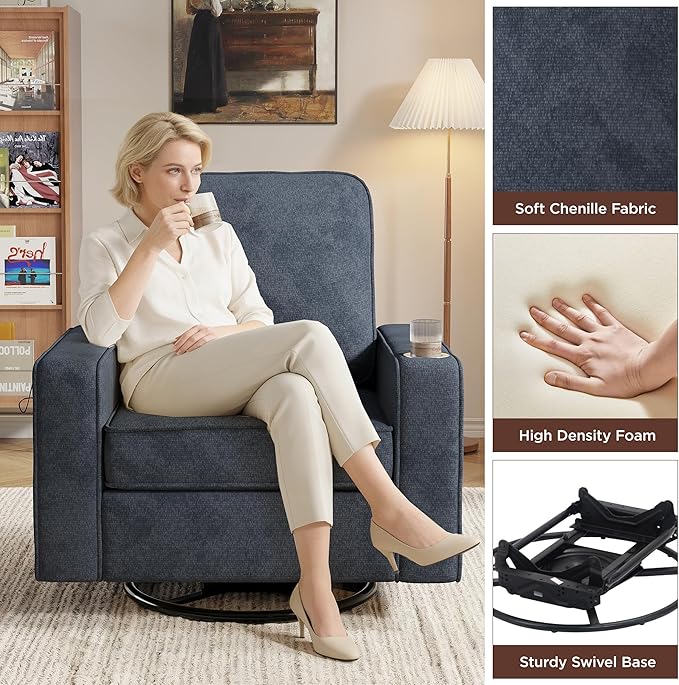 Swivel Square Accent Chair with Wide Armrests,360° Rotating Comfy Single Sofa Chairs with USB/Type-C,Cup Holder & Side Pocket,Modern Armchair for Living Room Bedroom Reading Lounge Nook,Blue | Swivel Accent Chair, with USB/Type-C, Cup Holder, Side Pocket