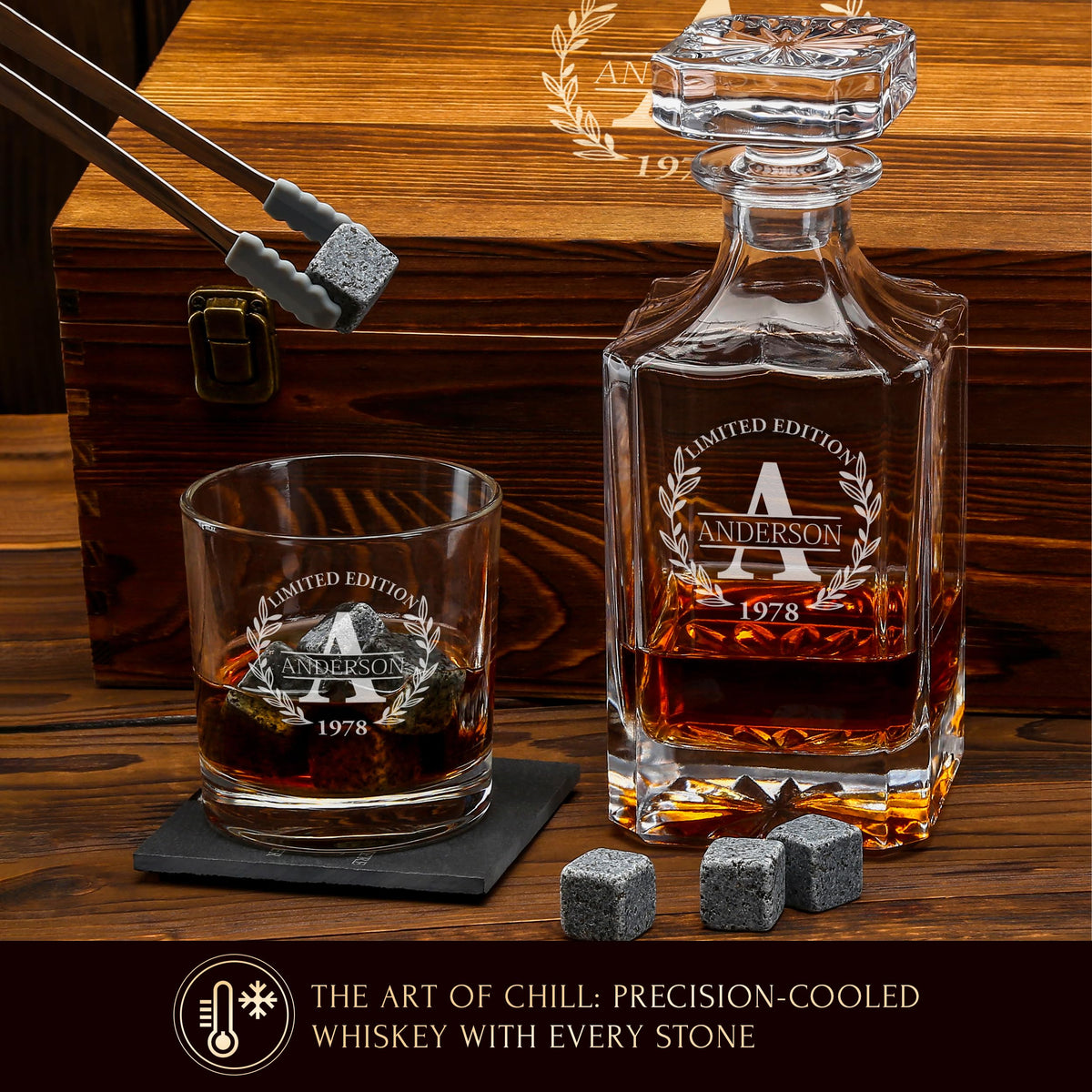Personalized Whiskey Decanter and Stones Set - Customized Gift for Him - Men, Dad, Father - Engraved Classic Decanter, Glasses, 9 Granite Stones in Container, Coasters, Tongs in Wooden Gift Box