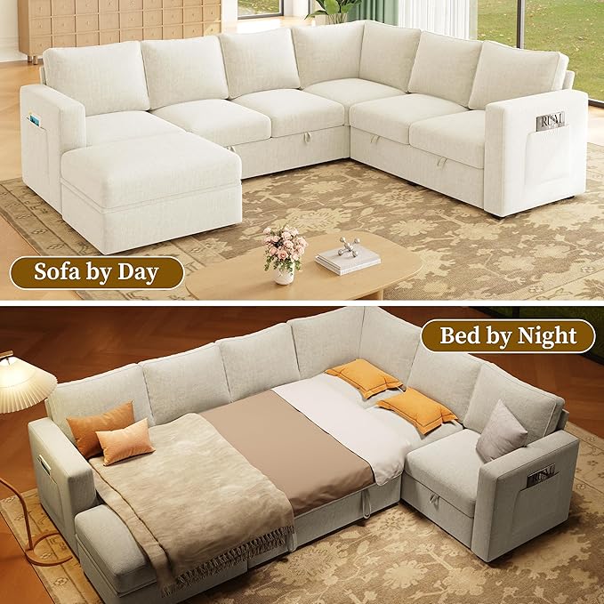 SUAWY 106.7" Sectional Sleeper Sofa with Pull Out Couch, Modern 7 Seat U Shaped Modular Couch, Sectionals Modular Sofa with Storage, Comfy Sectional Couches for Living Room & Apartment, Beige