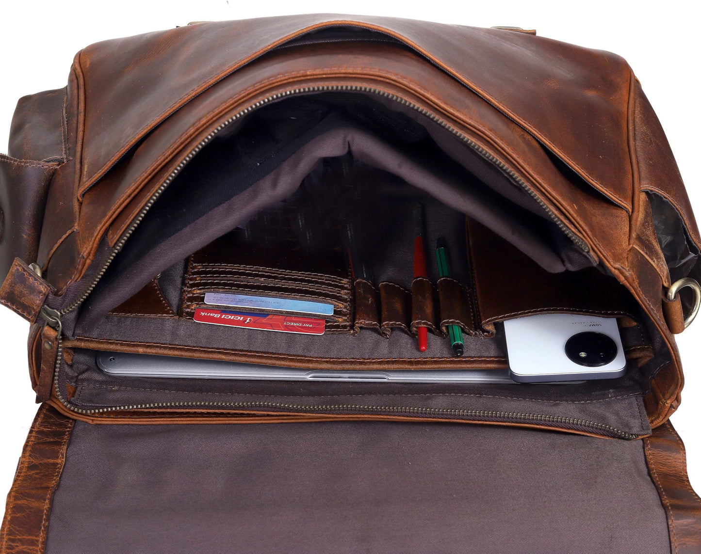 18-Inch Brown Premium Leather Messenger Bag for Men & Women - Briefcase, Camera & Laptop, Crossbaody, Handbag, Shoulder, Travel Bag