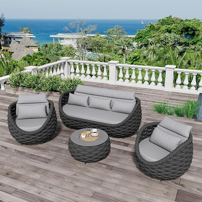 Erotr Woven Rope Patio Furniture Set: 4 Pieces Aluminum Outdoor Conversation Sofa Set Assembled - Modern Deck Couch Set Cushioned - All Weather Metal Porch Seating for 5 Person Garden Pool Yard Hotel