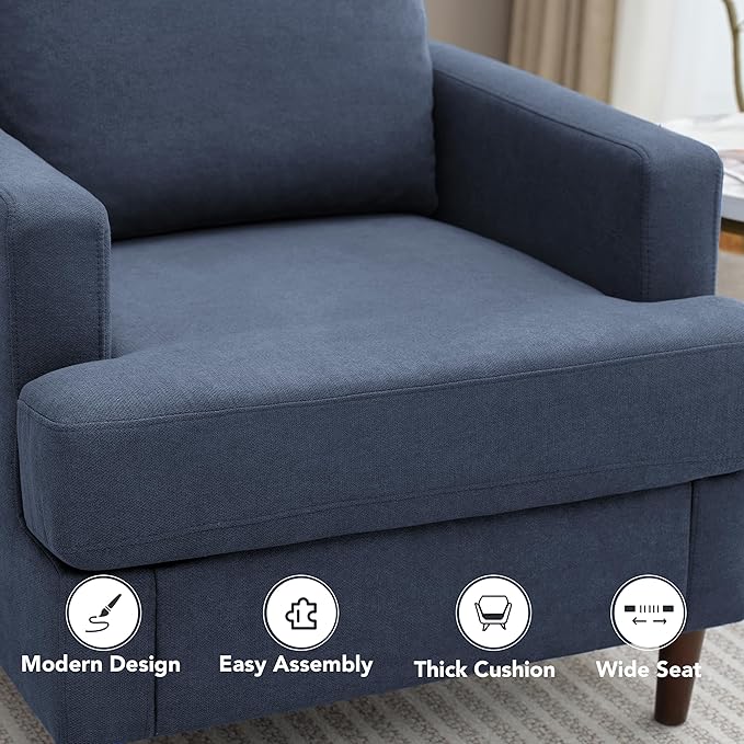 Weture Mid-Century Accent Chair,Modern Linen Fabric Armchair for Living Room,Comfy Upholstered Reading Accent Chairs for Bedroom,Single Sofa Chair with Wood Legs (Blue Grey, 1 Pack)