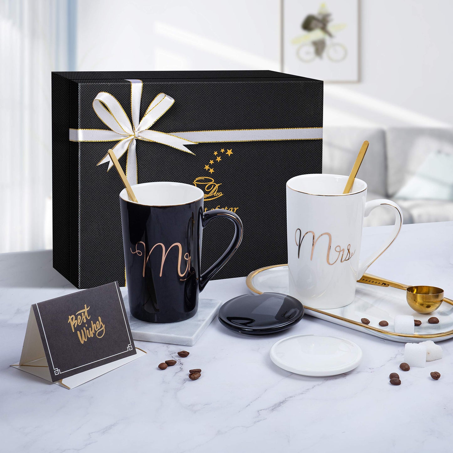 Jumway Mr and Mrs Coffee Mugs Set - Unique Wedding Gifts For Bride and Groom - His and Hers Anniversary Present Husband and Wife -Engagement Gifts For Him Her For Parents for Valentine's day