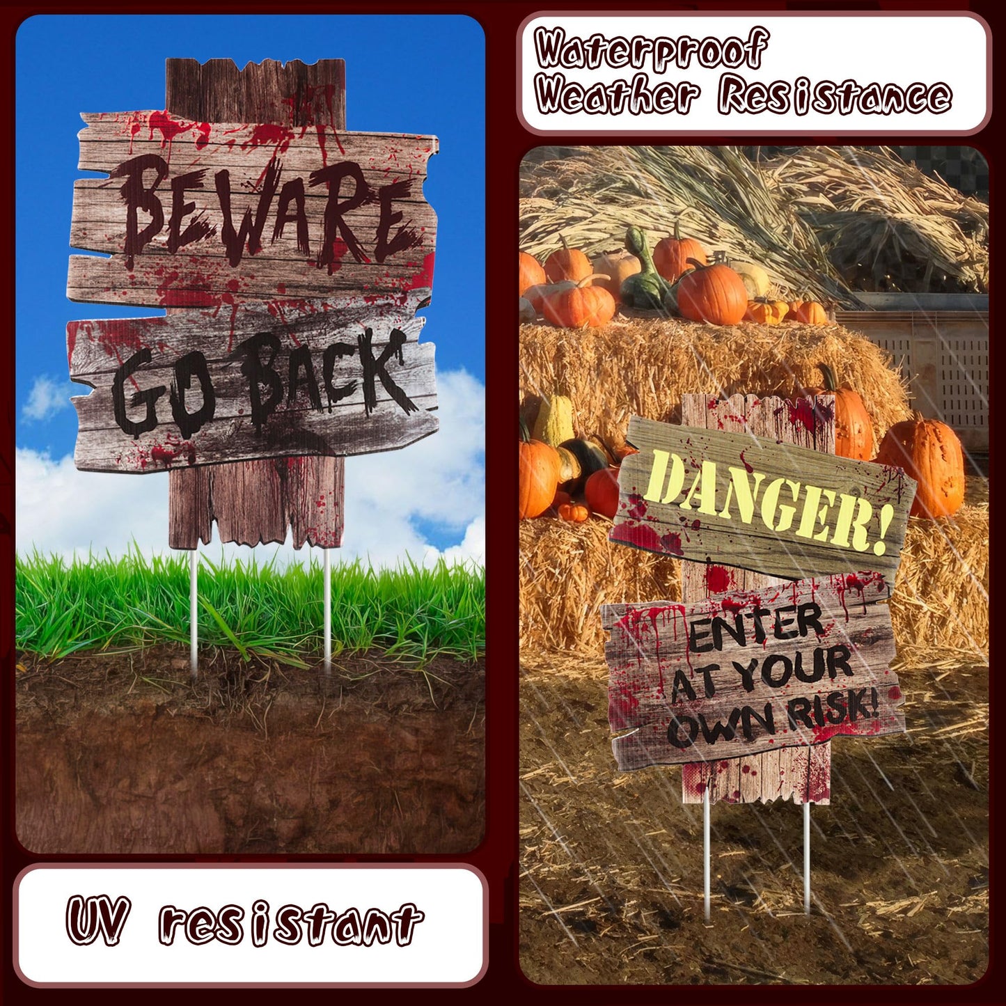 Halloween Decorations Outdoor Yard Signs Stakes,3 Pieces Beware Halloween Sign,Scary Warning Sign 2025 Halloween Zombie Vampire Graves Theme Party Decor Supplies,12" x 9"