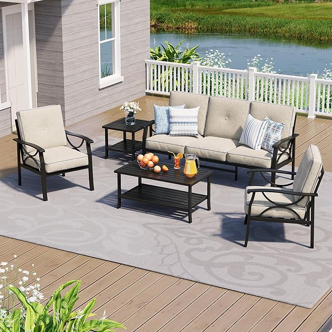 FansaFurn 5-Pieces Outdoor Patio Furniture Set, Outdoor Metal Sectional Furniture with Cushions, Outdoor Conversation Seating Set with Coffee Table for Garden, Balcony, Deck, Backyard, Black