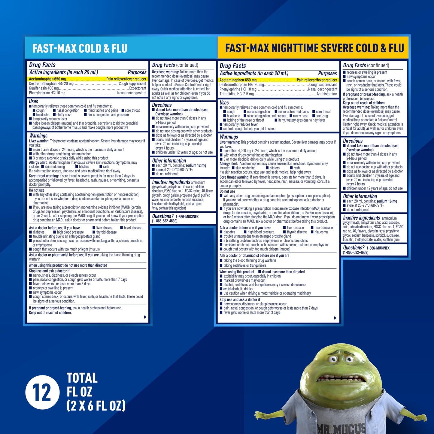 Mucinex Fast-Max Cold and Flu & Nightshift Medicine for Adults, Over-The-Counter Medication Combo Pack for Sore Throat Relief, Decongestant, Cough & Cold Medicine (2 x 6 Fl Oz)