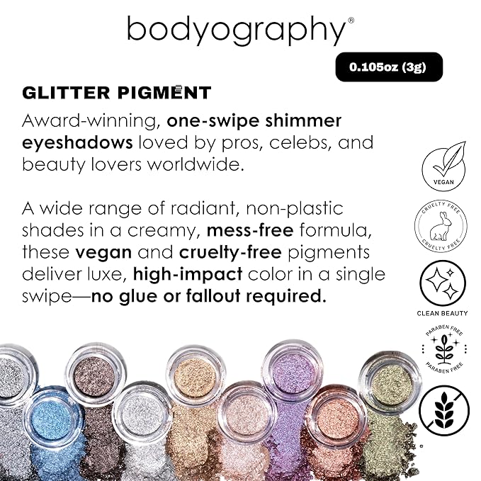 Bodyography Glitter Pigment Eye Shadow | Long Wear Shimmer Eyeshadow | Vegan, Talc & Paraben Free | Cream Powder Formula | Aura Glow (Chrome Lavender) 1.5 g