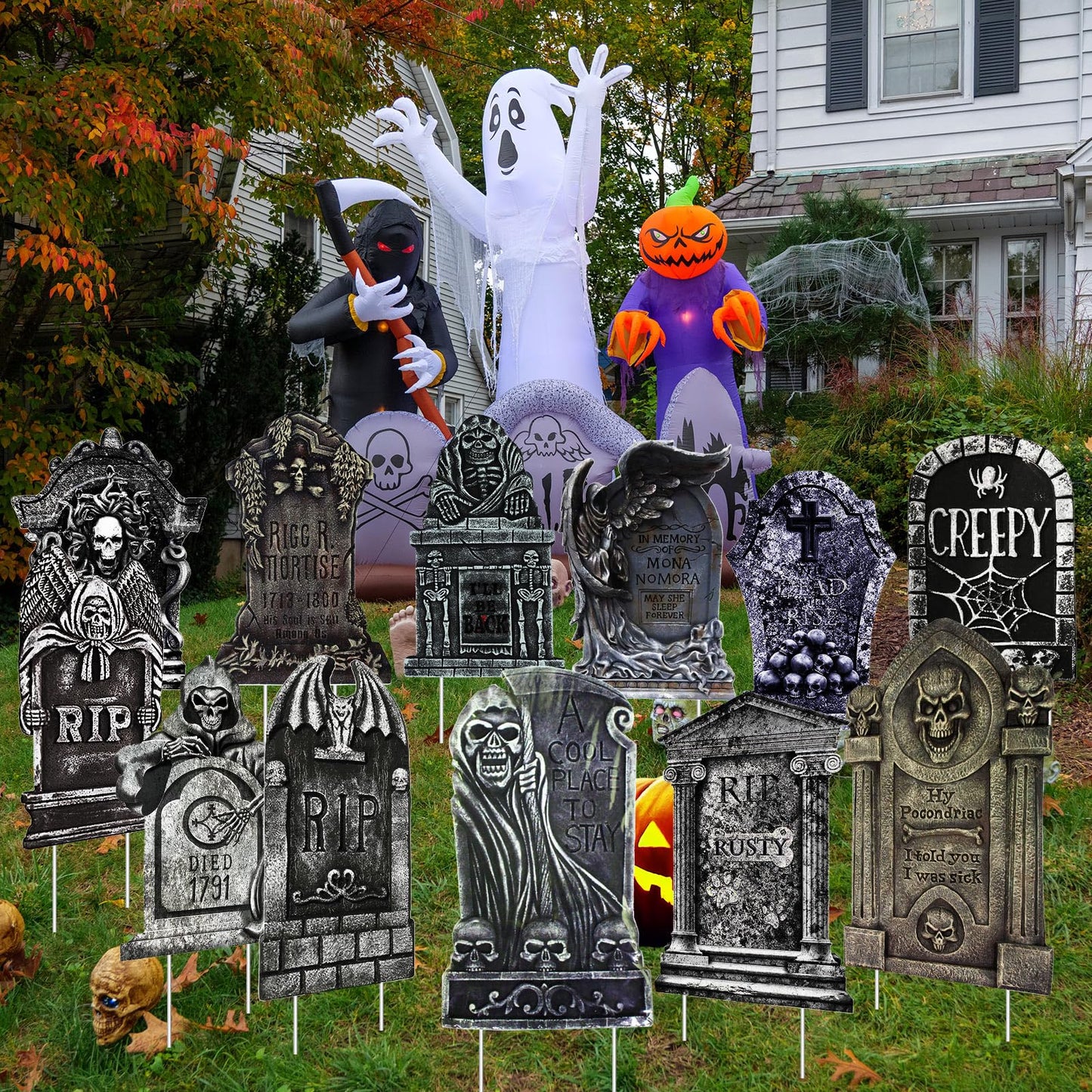 Kigley 12 Pcs Halloween Tombstone Yard Signs Decorations Tombstone Yard Sign Stakes Plastic Gravestone Headstone Yard Signs Outdoor Halloween Lawn Decorations for Halloween Props Lawn Decorations
