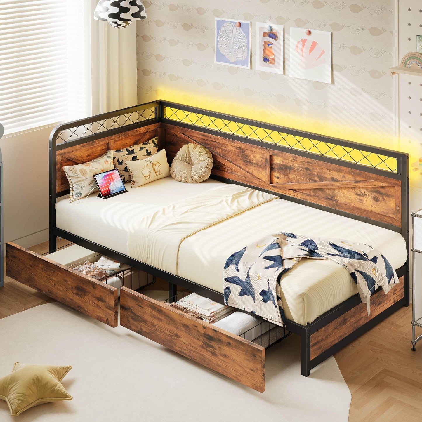 ANCTOR Twin Daybed with Storage Drawers, Corner Bed Frame with LED Lights and Charging Station for Living Room, Bedroom and Guest Room, Industrial Brown