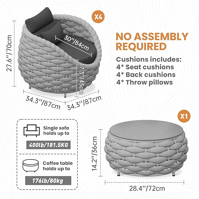 Erotr Woven Rope Deck Furniture Set: 5 Pieces Aluminum Patio Conversation Set All Weather - Cushioned Outdoor Sofa Set Assembled - Metal Modern Couch Set for 400 lbs Porch Deck Garden Poolside Hotel