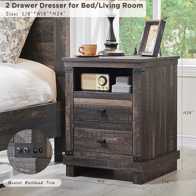 RedLemon Farmhouse Nightstand Set of 2 with Charging Station, 18" Rustic Night Stand with 2 Storage Drawers, Wood End Table for Bedroom, Living Room, Dark Rustic Oak