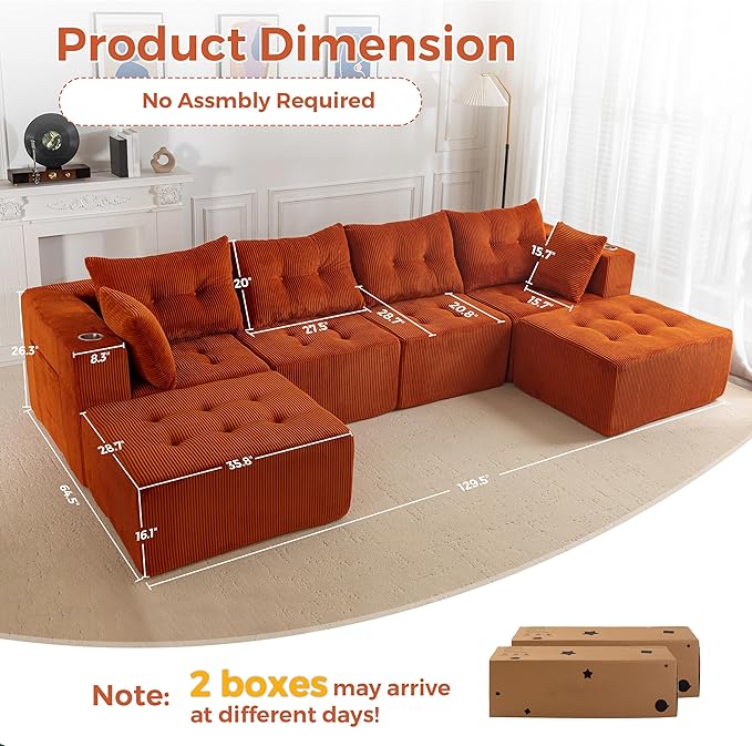 MAXYOYO 129.5" Modular Sectional Sofa Couch, U Shaped Modern Cloud Couch with 2 Ottomans, Sofa in A Box, Tufted 6-Seat Boneless Sleeper Chair for Living Room, No Assembly Required, Orange