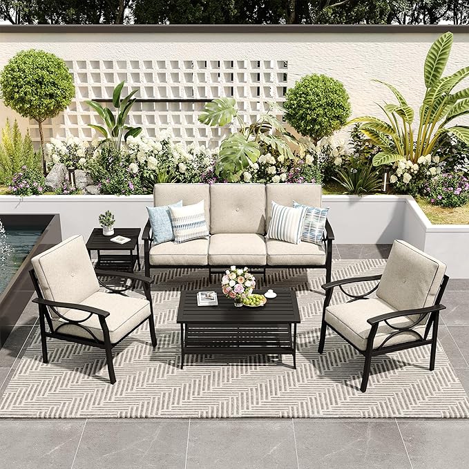 FansaFurn 5-Pieces Outdoor Patio Furniture Set, Outdoor Metal Sectional Furniture with Cushions, Outdoor Conversation Seating Set with Coffee Table for Garden, Balcony, Deck, Backyard, Black
