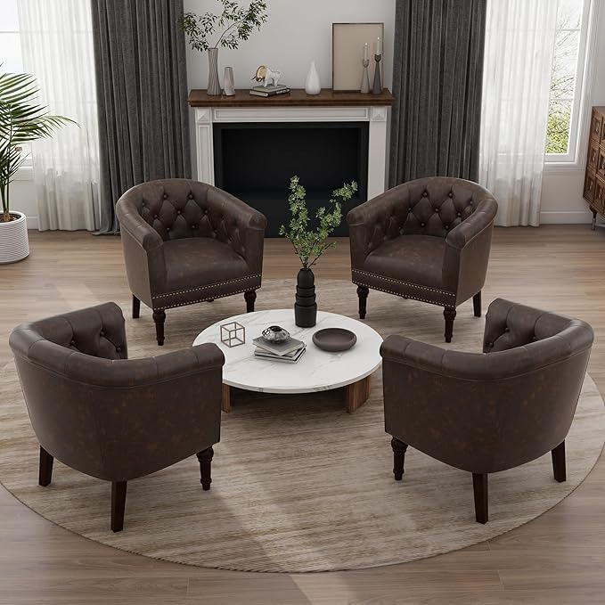 UIXE PU Leather Barrel Club Chairs Set of 4, Modern Arm Accnet Chair Comfy Upholstered Armchair, Nailhead Trim Living Room Single Sofa Reading Seat Bedroom Side Sitting for Office, Chocolate