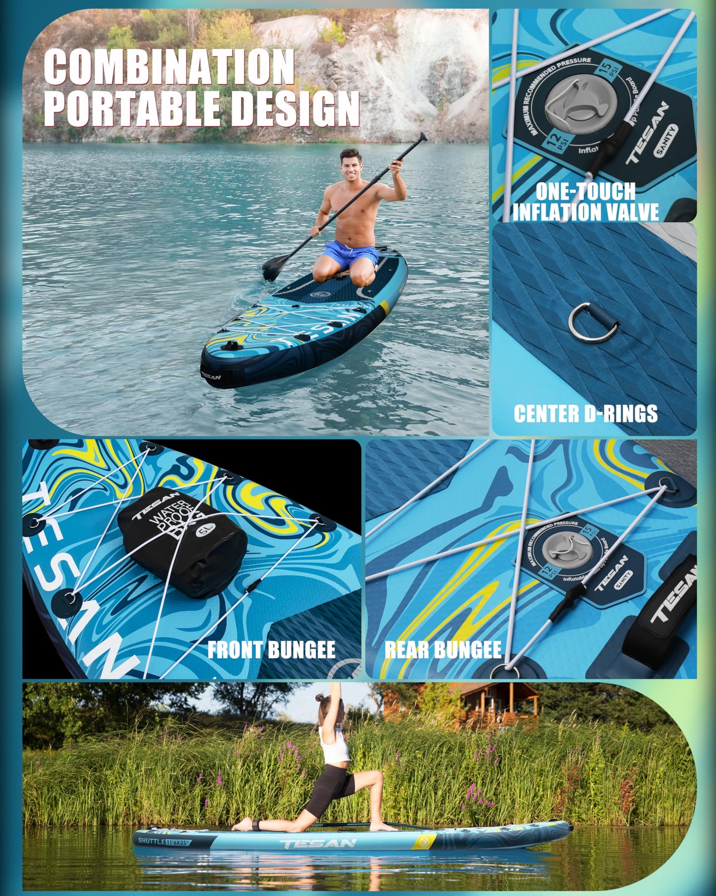 TESAN 11'6x35'' Extra Wide Inflatable Paddle Board,All-Round Ultra Stable Stand Up Paddleboards for 450lb/3 People/Family,Dual Bungees, Camera Mount, 5L Dry Bag,3 Handles,100L Backpack,3PCS Paddle