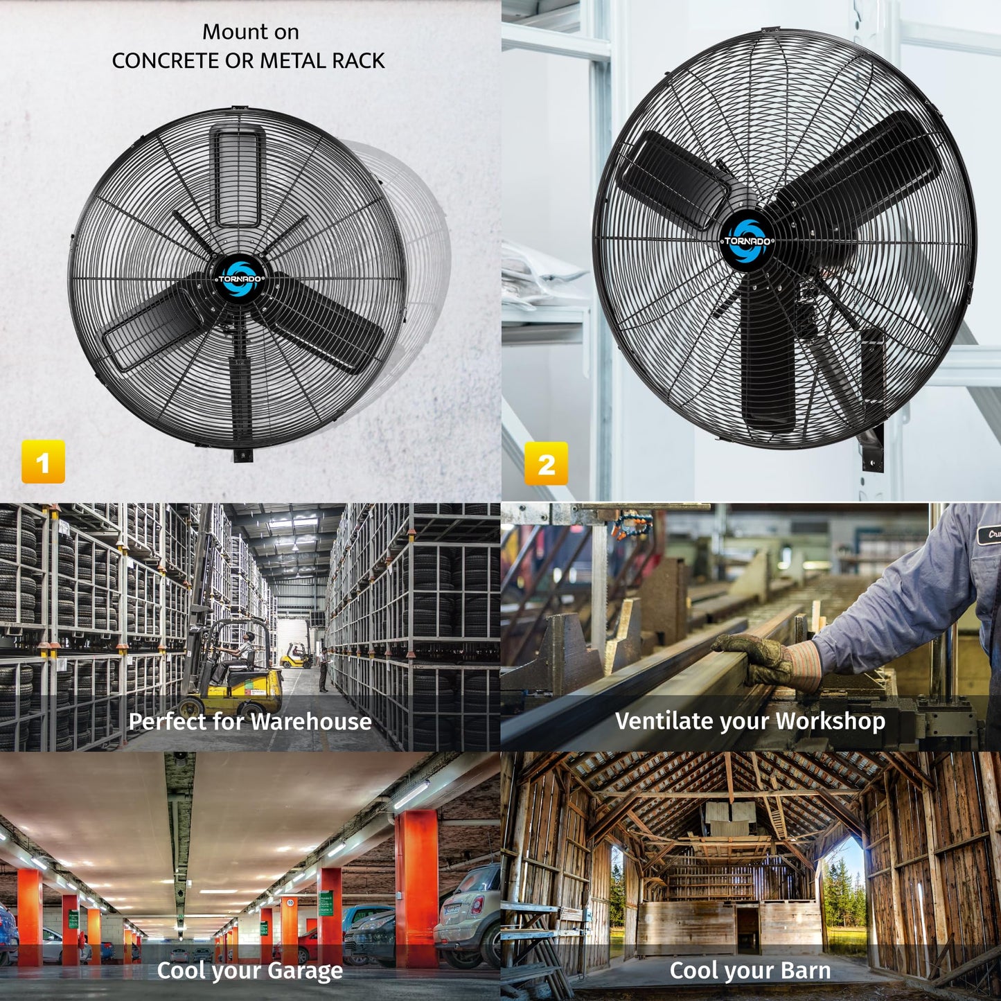 Tornado 24 Inch Outdoor Wall Mount Fan, Ipx4 Water-Resistant, High Velocity, Oscillating, 2-Speed, 7350 Cfm, Teao Motor, Ul List