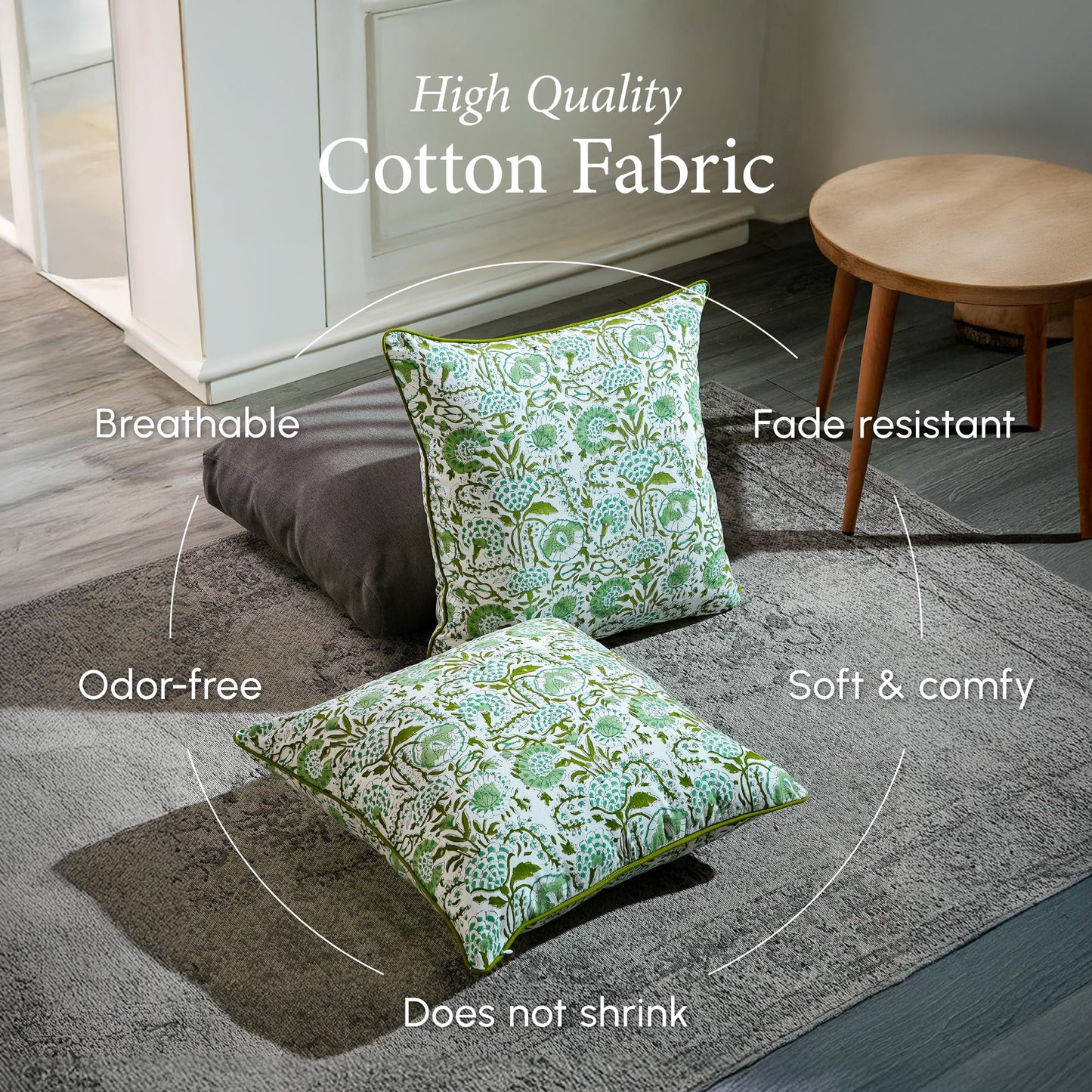 CPC 100% Cotton Throw Pillow Covers 20x20 Inch, Set of 2 Green Block Print Pattern Couch Pillow, Cute Boho Decorative Pillows for Living Room, Bedroom with Hidden Zipper- Agate Green