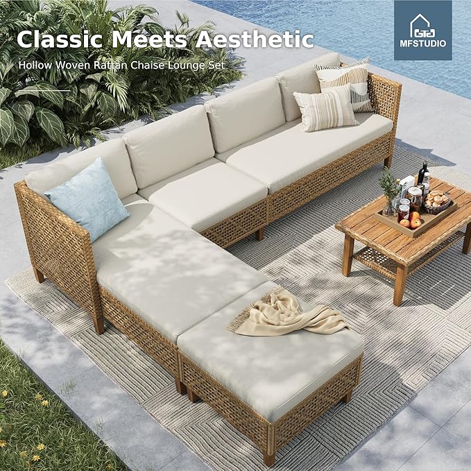 MFSTUDIO Wicker Patio Furniture Set, Rattan Outdoor Couch Sectional Sofa, 5 Pieces Patio Conversation Set with Acacia Wood Coffee Table, Outdoor Rattan Furniture Set for Garden or Balcony, Beige
