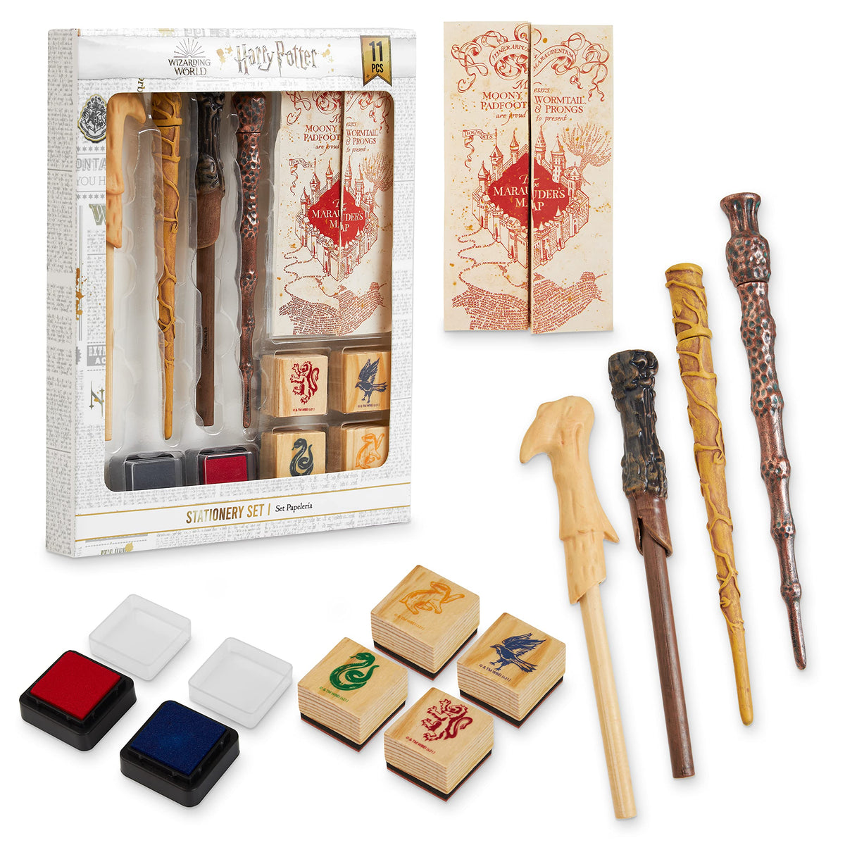 Harry Potter Stationary Set for Boys Girls with 4 Wand Pens Black Ink Marauders Map Hogwarts House Stamp Kit Cute School Supplies Gifts for Kids