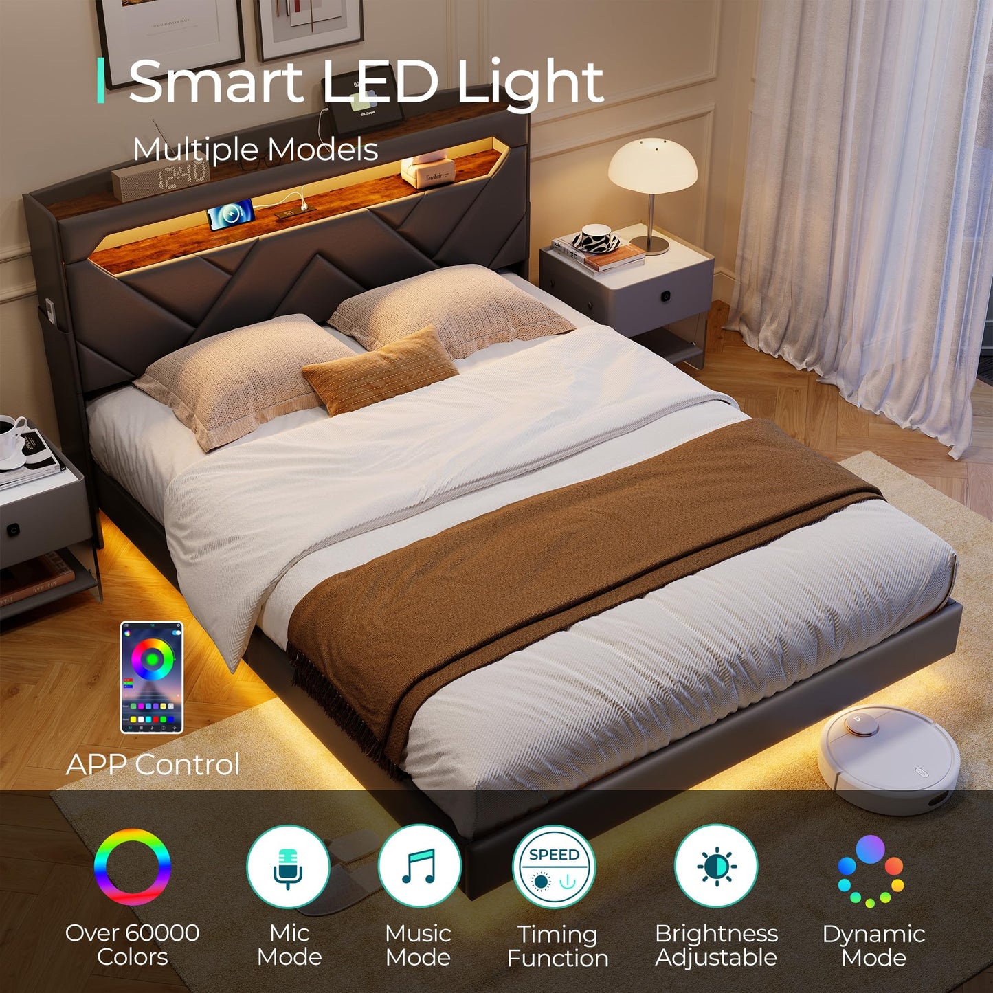 LINSY Floating Bed Frame Full Bedframe with Headboard, Black Full Size Bed Frames with Storage, Modern Upholstered Platform Bed with LED Lights & Charging Station, No Box Spring Needed, PU Leather