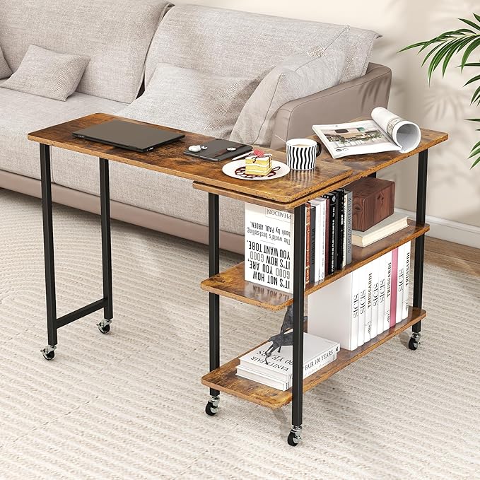 Giantex 360° Free Rotating Sofa Side Table, Mobile L-Shaped Laptop Desk with Sturdy Metal Frame, 6 Universal Casters, Movable Couch Snack Table with 2-Tier Storage Shelf for Home (Brown)