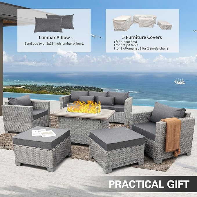 WAROOM Patio Furniture Set 6 Piece Grey Wicker Outdoor Sectional Sofa Balcony Furniture Couch PE Rattan Conversation Sets with Fire Pit Table, Grey Cushion