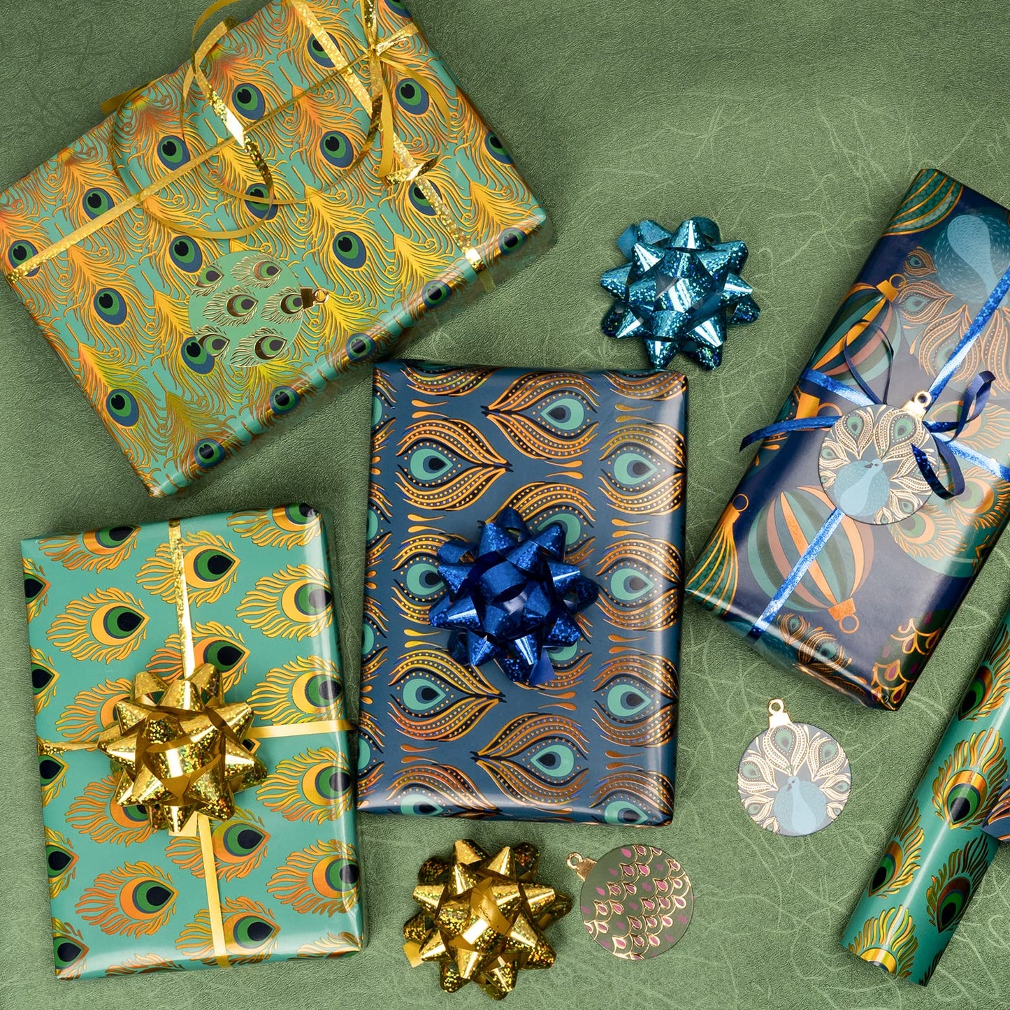 WRAPAHOLIC Peacock Christmas Wrapping Paper Set - Green Peacock Elements Patterns with Metallic Foil Shine Wrapping Paper Bundle with Gift Bow & Ribbon & Tag & Sticker