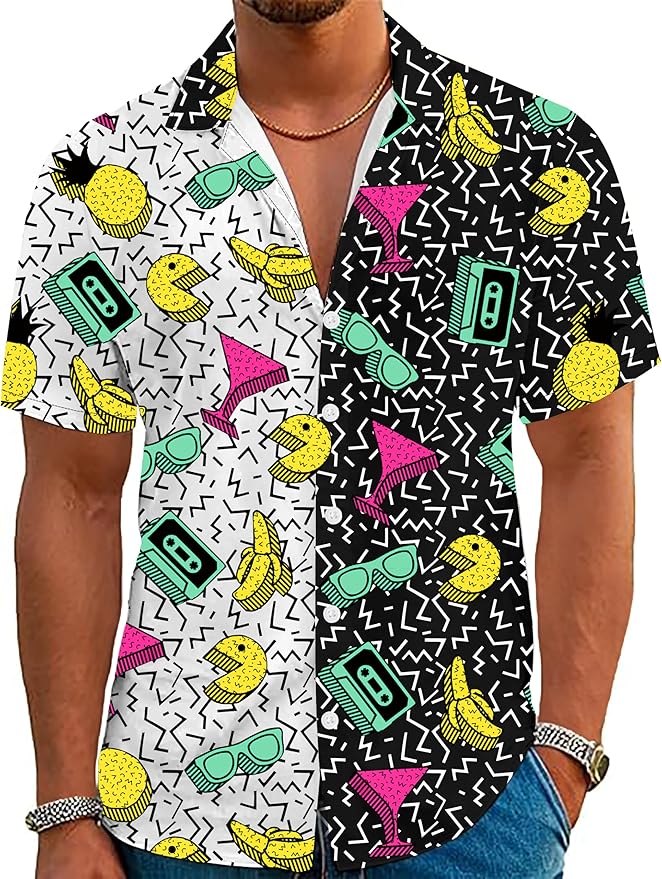 YZMI 80s 90s Outfit for Men Short Sleeve Button Down Hawaiian Shirt Funny Vintage Retro Beach Shirts