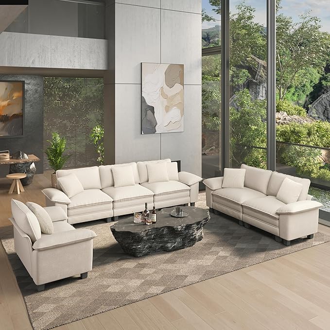 HERA'S HOUSE 3 Pieces Modular Sectional Sofa Sets, Oversized Couch Set with Loveseats and Armchair, Comfy Cloud Couches with Throw Pillows, 6-Seater Deep Seat Sofa for Living Room, Chenille Beige