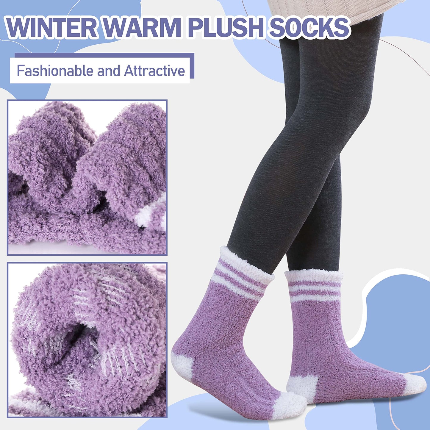 ANTSANG Fuzzy Socks for Women, Fluffy Warm Soft Slipper Socks for Winter & Home, Ideal for Teen Girls(Assorted Stripes)