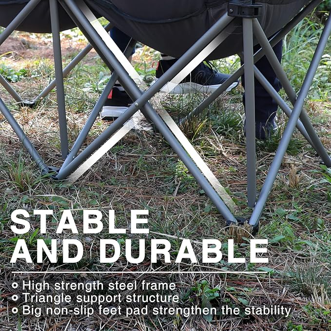 EVER ADVANCED Double Camping Chair for Adults, Padded Folding Camping Love Seat Bench with Side Pocket Portable Camping Couch, 2 Person Heavy Duty Outdoor Chair with Cushion,Support 600lbs, 2Pack