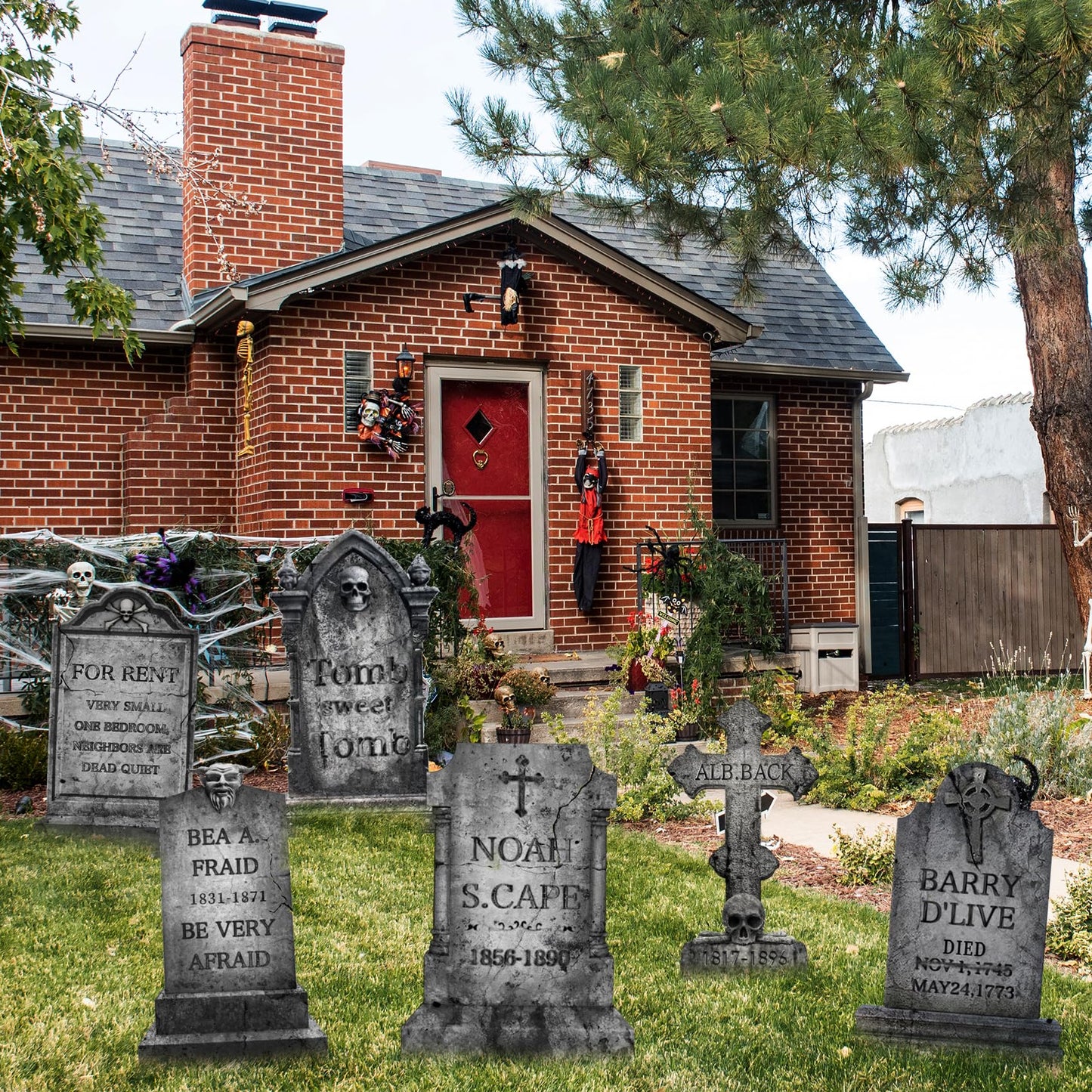 Funny Halloween Graveyard Tombstones Prop Yard Stakes Signs 6 Styles Puns Cardboard Headstones for Cemetery Halloween 17in RIP Graveyard Tombstones Outdoor Props Yard Decorations with Stakes
