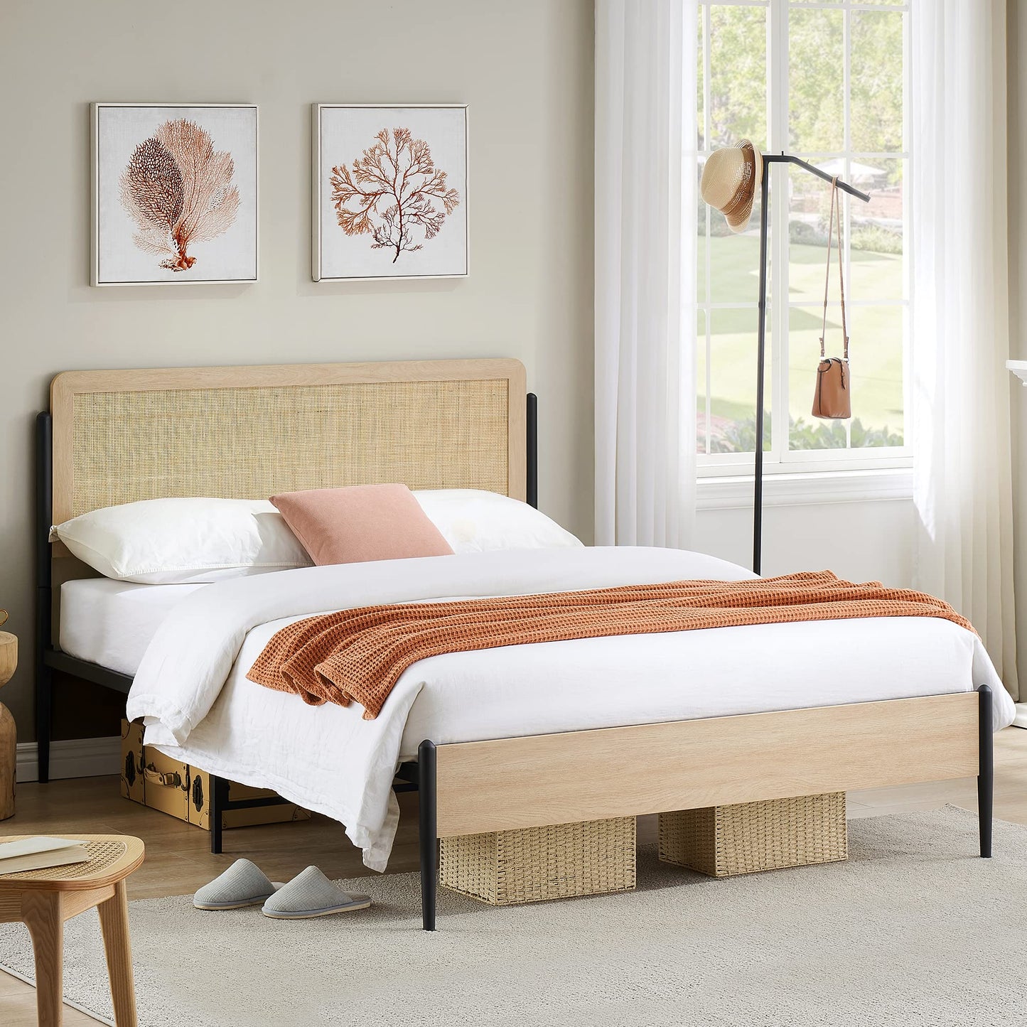GarveeHome Full Size Boho Bed Frame with Natural Rattan Headboard & Solid Wood Footboard - Under Bed Storage Space, Quiet Noise-Free Design, No Box Spring Needed,Oak