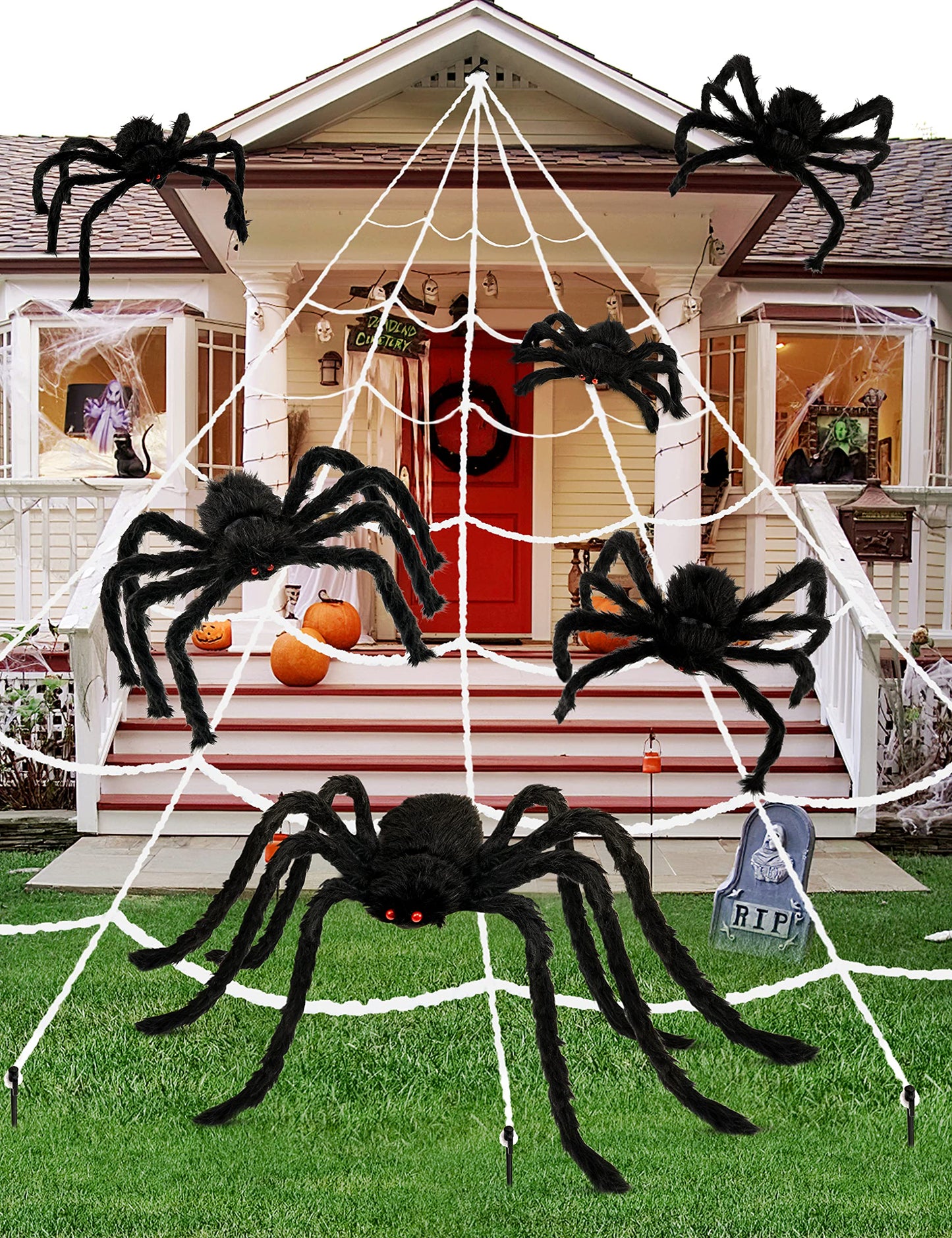 HOPOCO Halloween Plush Spiders Set Scary Fake Spider for Indoor Outdoor Halloween Decor for Home Party Yard Haunted House Decorations (6 in 1)