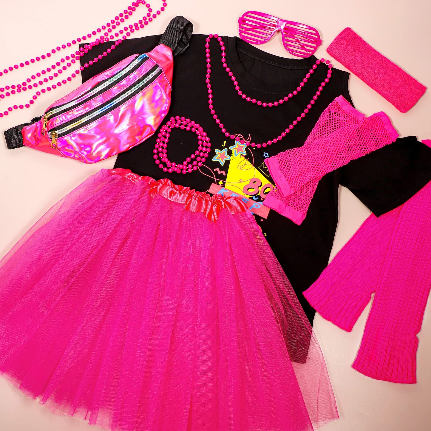 SOMSOC 13 Pieces Kids 80s Costume Accessories Set Girl's 80s Cosplay T-shirt Tutu Outfit Headband Necklace Gloves Leg Warmer