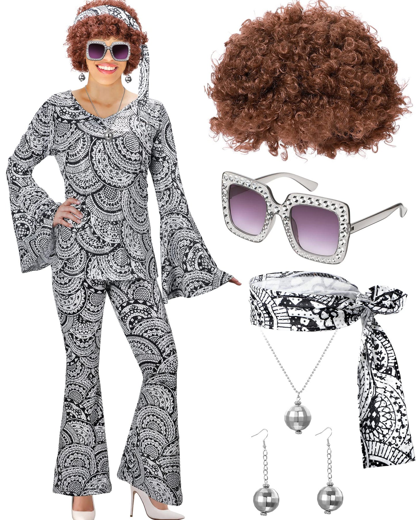 Jexine 7 Pcs 60s 70s Disco Outfits for Women Disco Party Costume Set Top Pants Sunglasses Ball Necklace Earring Wig Halloween(Small,Classic Style)
