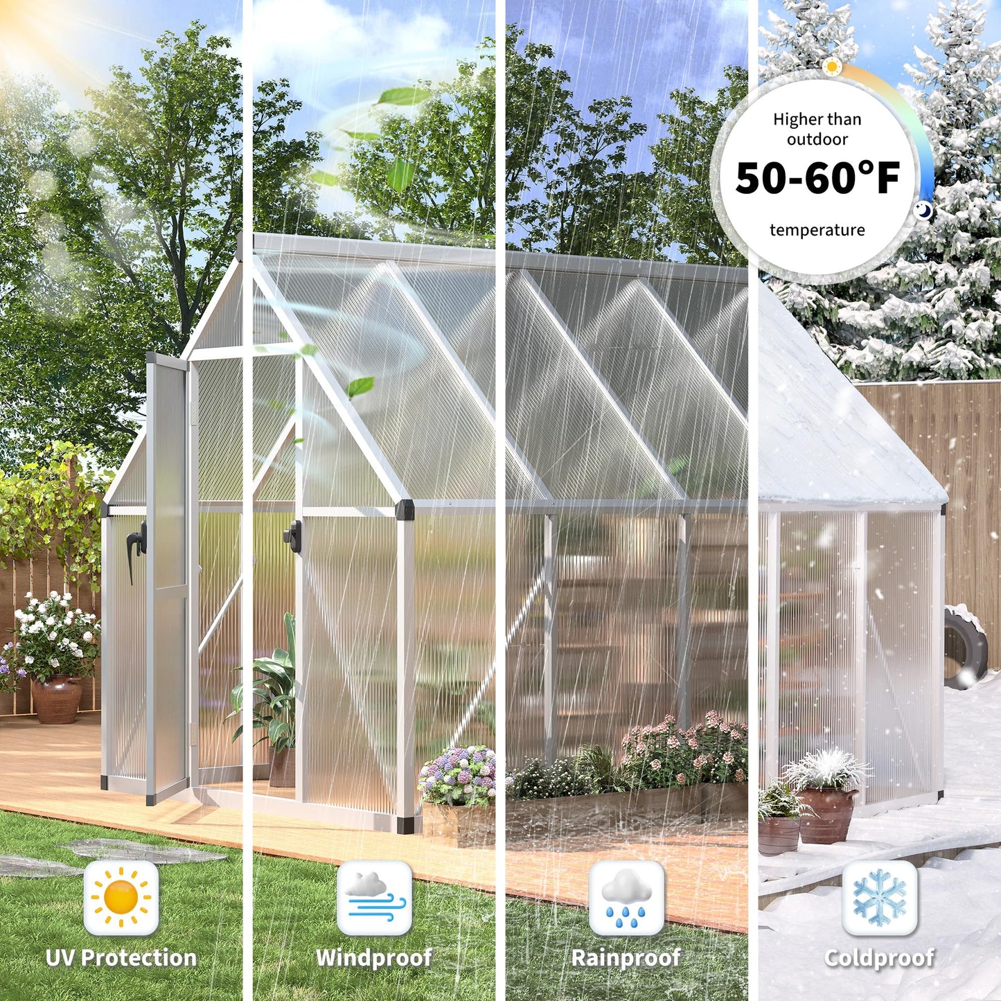 IDEALHOUSE 6x11 FT Outdoor Greenhouse with Windproof Aluminum Frame, Polycarbonate Greenhouse, Lockable Door and Ajustable Roof Vent, Aluminum Walk-in Greenhouses, for Backyard, Lawn