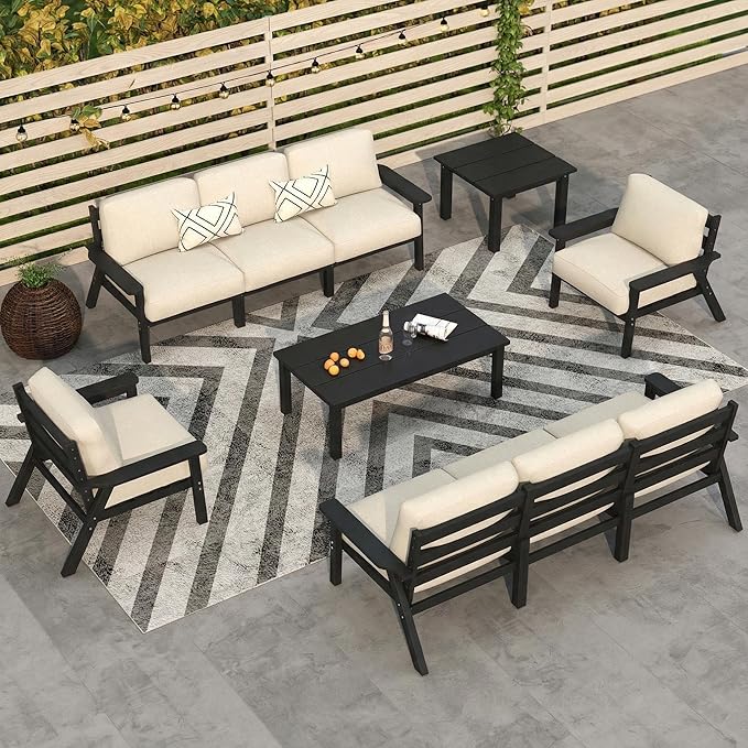Patio Kingdom 10 Piece Outdoor Patio Furniture Set, Outdoor Couch with Washable Thick Beige Cushions, Coffee Table & Side Table, Patio Conversation Sets for Lawn, Garden, Porch, Balcony (Black Frame)