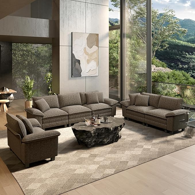 HERA'S HOUSE 3 Pieces Modular Sectional Sofa Sets, Oversized Couch Set with Loveseats, Comfy Cloud Couches with Throw Pillows, 7-Seater Deep Seat Sofa for Living Room, Chenille Ash