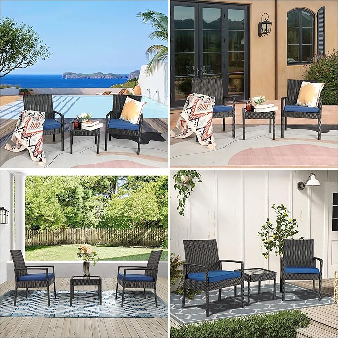 PAOLFOX 3 Piece Outdoor Patio Furniture Sets, Rattan Conversation Set with Soft Cushion, Wicker Chairs with Coffee Table for Yard Backyard Lawn Porch Poolside Balcony, Blue