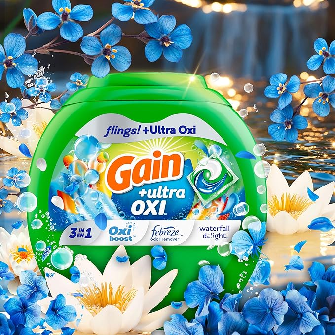 Gain Flings Ultra Oxi Laundry Detergent Pacs, 76 Count, Waterfall Delight Scent, 3-in-1, HE Compatible