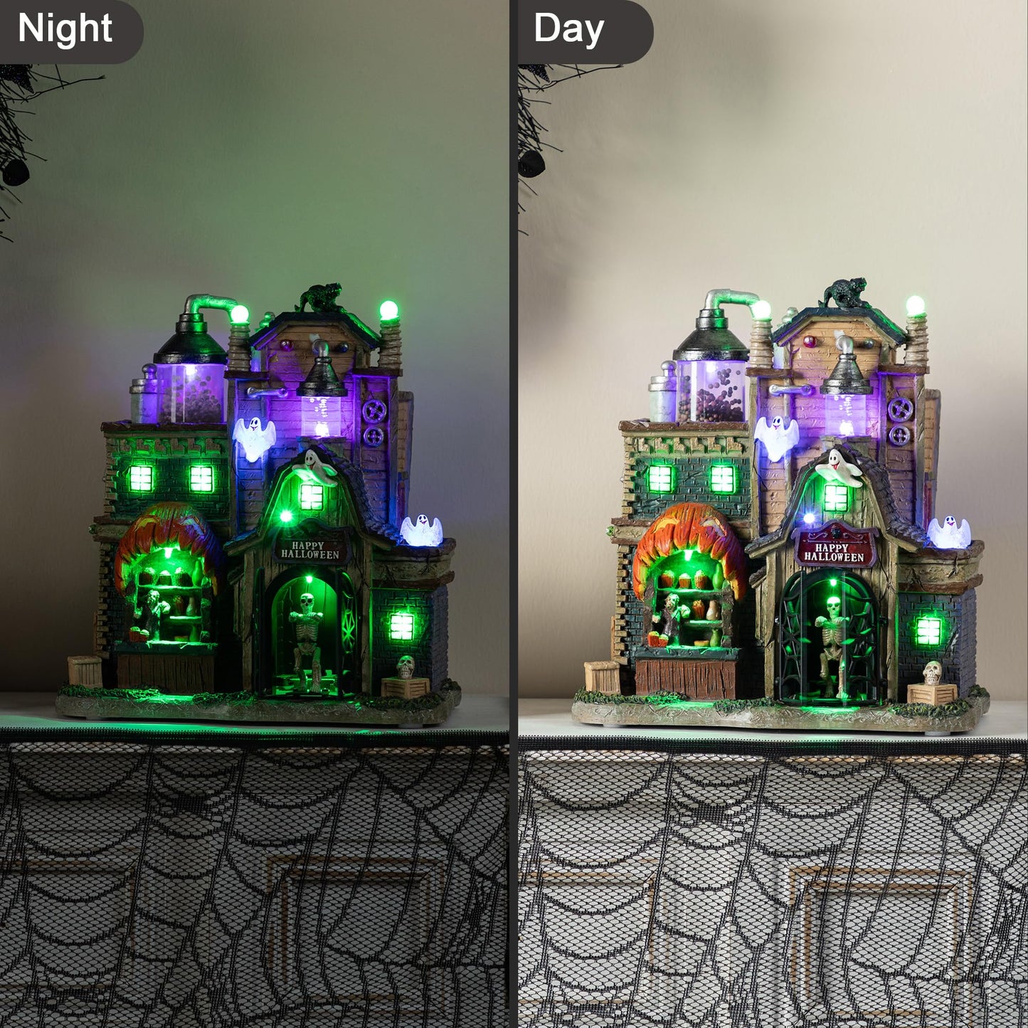 Glitzhome Halloween Decorations, 11" H Lighted Halloween Village Houses Decor with LED Lights, Resin Haunted Spooky Town for Home Party Table Desk Mantel Ornaments
